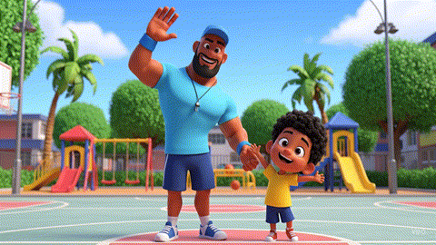 Animação de crianças fazendo um high-five, representando colaboração e alegria